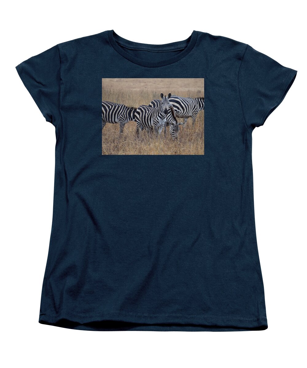 Exploramum Women's T-Shirt (Standard Fit) featuring the photograph Zebras walking in the grass 2 by Exploramum Exploramum