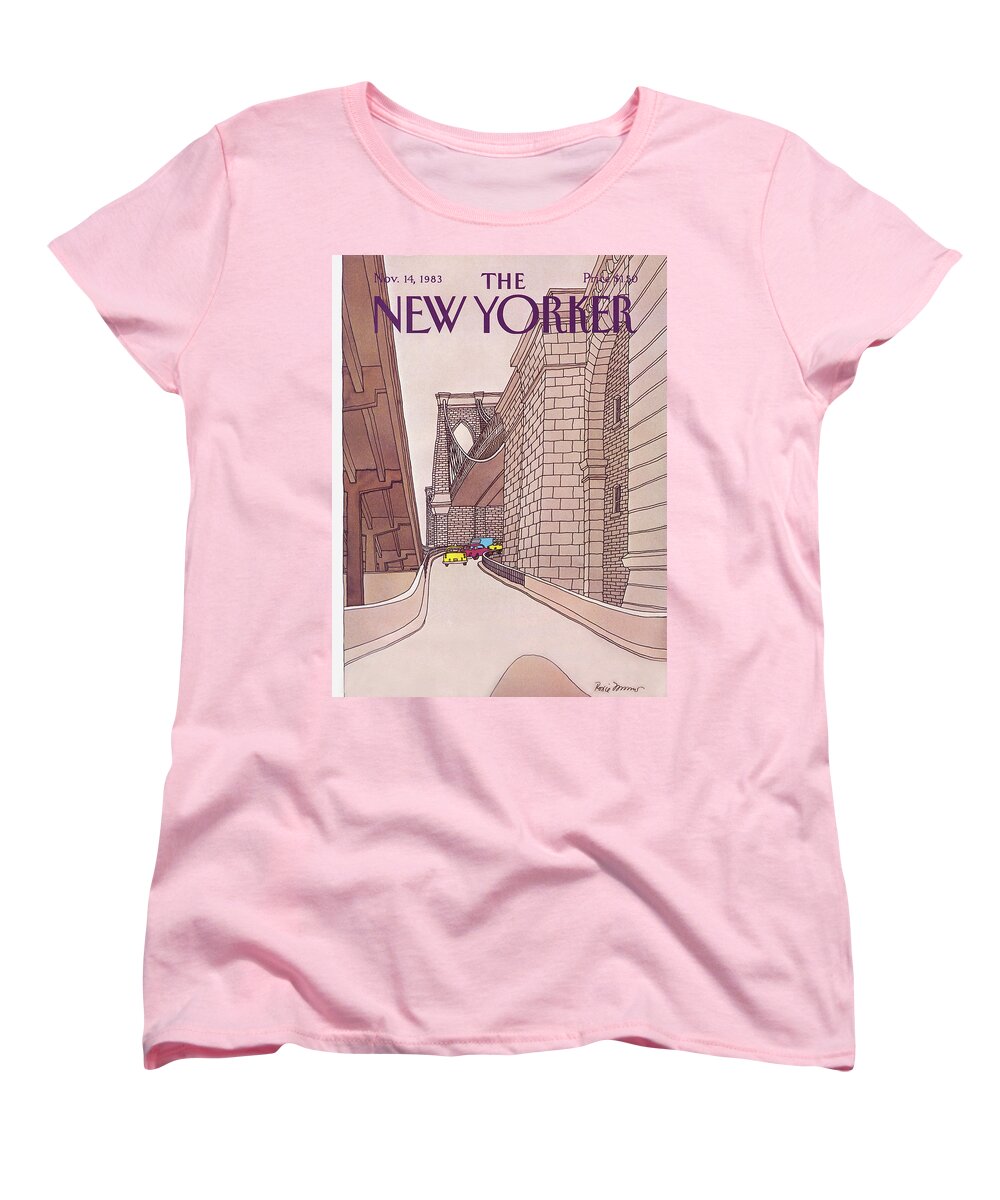 (cars And Taxis Motoring Up The Ramp To The Brooklyn Bridge.) New York City Urban Technology Architecture Automobiles Driving Travel Transportation Roxie Munro Rmu Artkey 47424 Women's T-Shirt (Standard Fit) featuring the painting New Yorker November 14th, 1983 by Roxie Munro