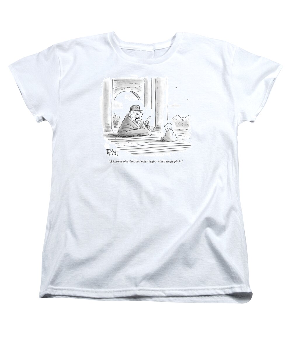 A Journey Of A Thousand Miles Begins With A Single Pitch.' Women's T-Shirt (Standard Fit) featuring the drawing A Journey Of A Thousand Miles Begins #1 by Christopher Weyant