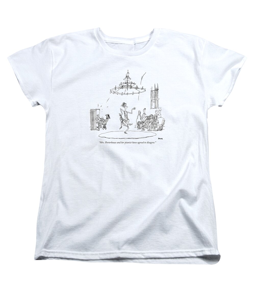 Relationships Music Couple

(old Lady Dancing In Middle Of Room.) 121475 Gbo George Booth Women's T-Shirt (Standard Fit) featuring the drawing Mrs. Porterhouse And Her Pianist Have Agreed by George Booth