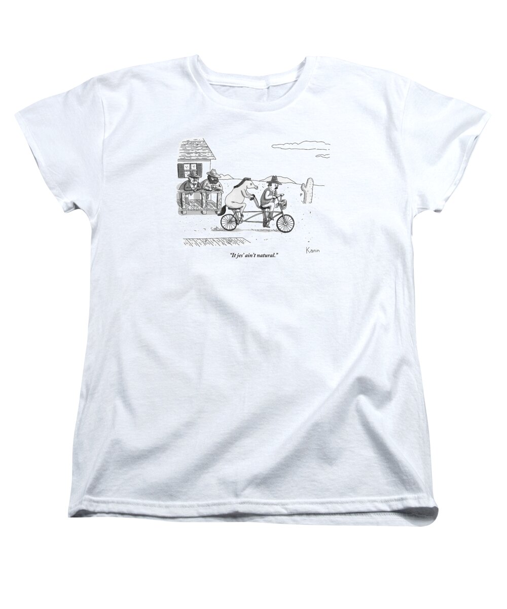 Bicycles Women's T-Shirt (Standard Fit) featuring the drawing A Cowboy And His Horse Ride A Tandem Bike by Zachary Kanin