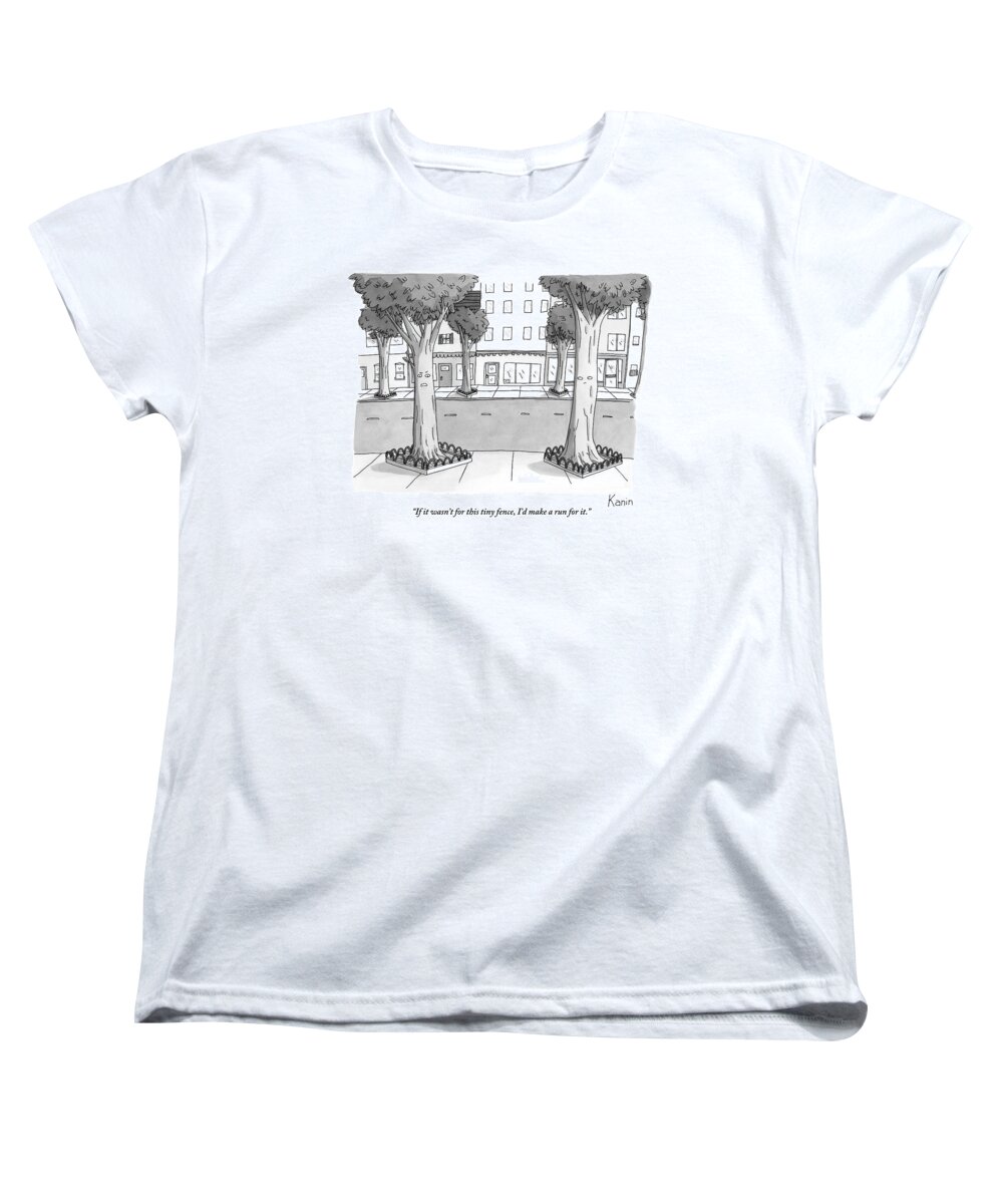 Trees Women's T-Shirt (Standard Fit) featuring the drawing A Disgruntled Tree Looks At The Small Fence by Zachary Kanin