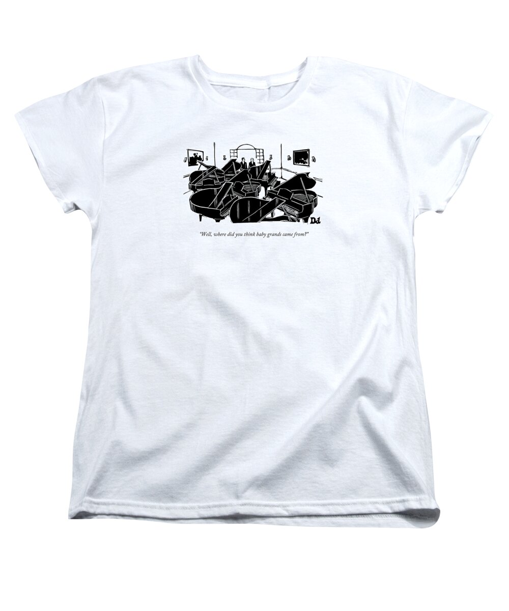 Pianos Women's T-Shirt (Standard Fit) featuring the drawing A Guy Talks To Another Guy In A Room Of Seven by Drew Dernavich