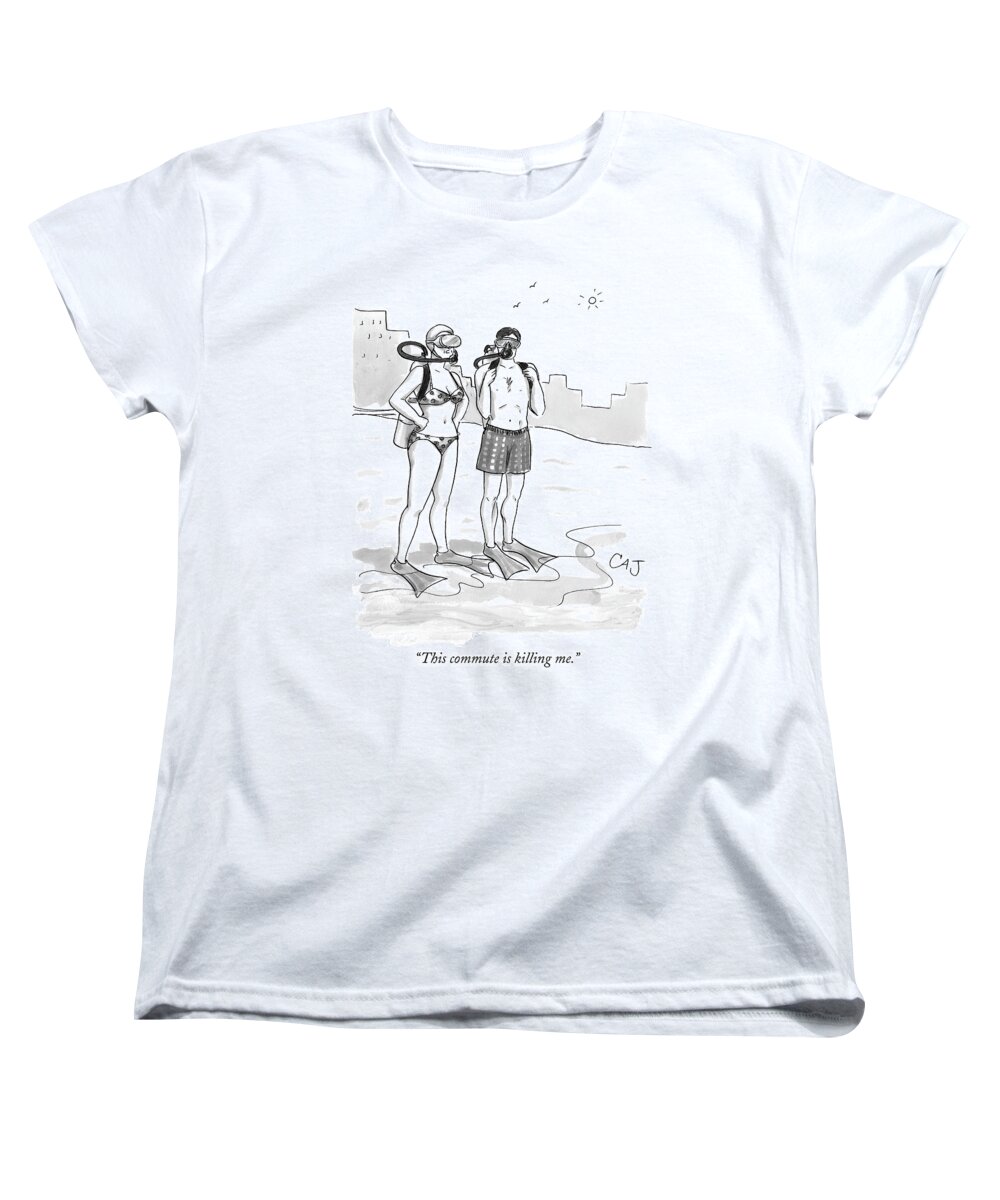 Beaches Women's T-Shirt (Standard Fit) featuring the drawing A Man And A Woman In Swimsuits And Diving Gear by Carolita Johnson