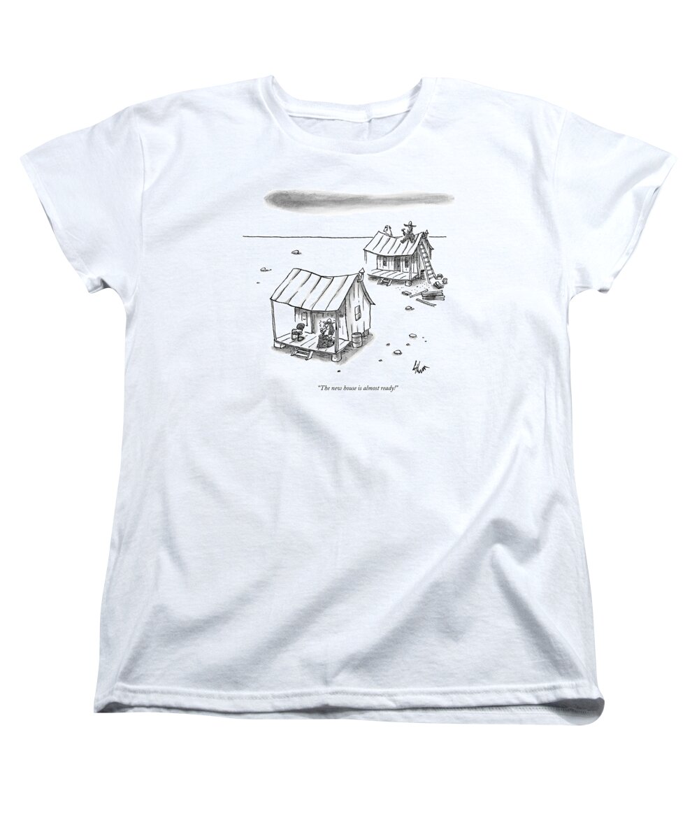 Hillbilly Women's T-Shirt (Standard Fit) featuring the drawing A Man On Top Of A Shack With A Ladder by Frank Cotham