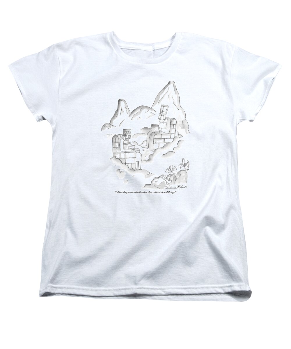 Native Women's T-Shirt (Standard Fit) featuring the drawing A Pair Of Sightseers Admire Ancient Statues That by Victoria Roberts