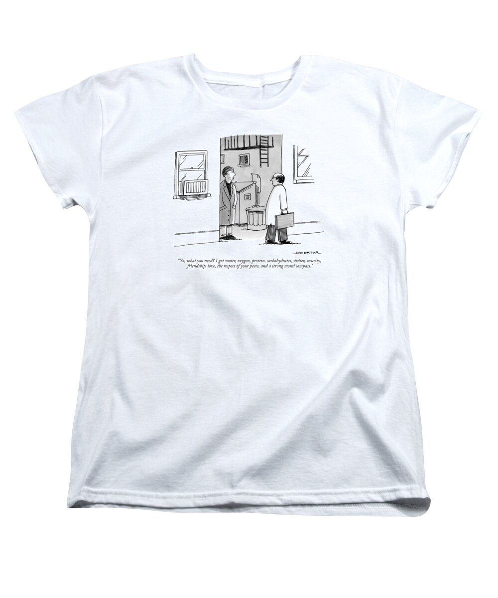 Yo Women's T-Shirt (Standard Fit) featuring the drawing A Seedy Looking Man Speaks From An Alley by Joe Dator
