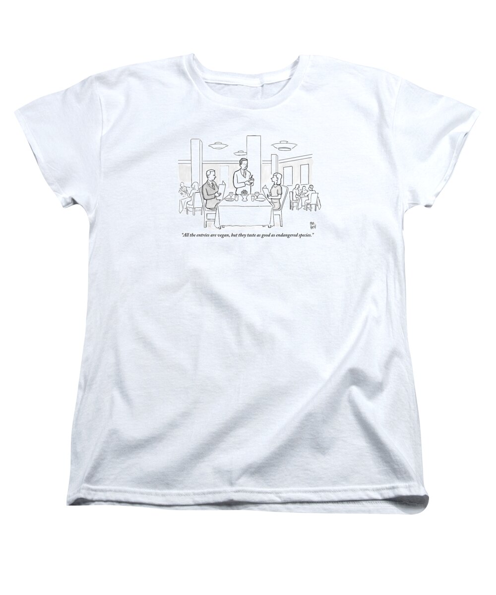 Waiters Women's T-Shirt (Standard Fit) featuring the drawing A Waiter Addresses A Couple Who Are Seated by Paul Noth