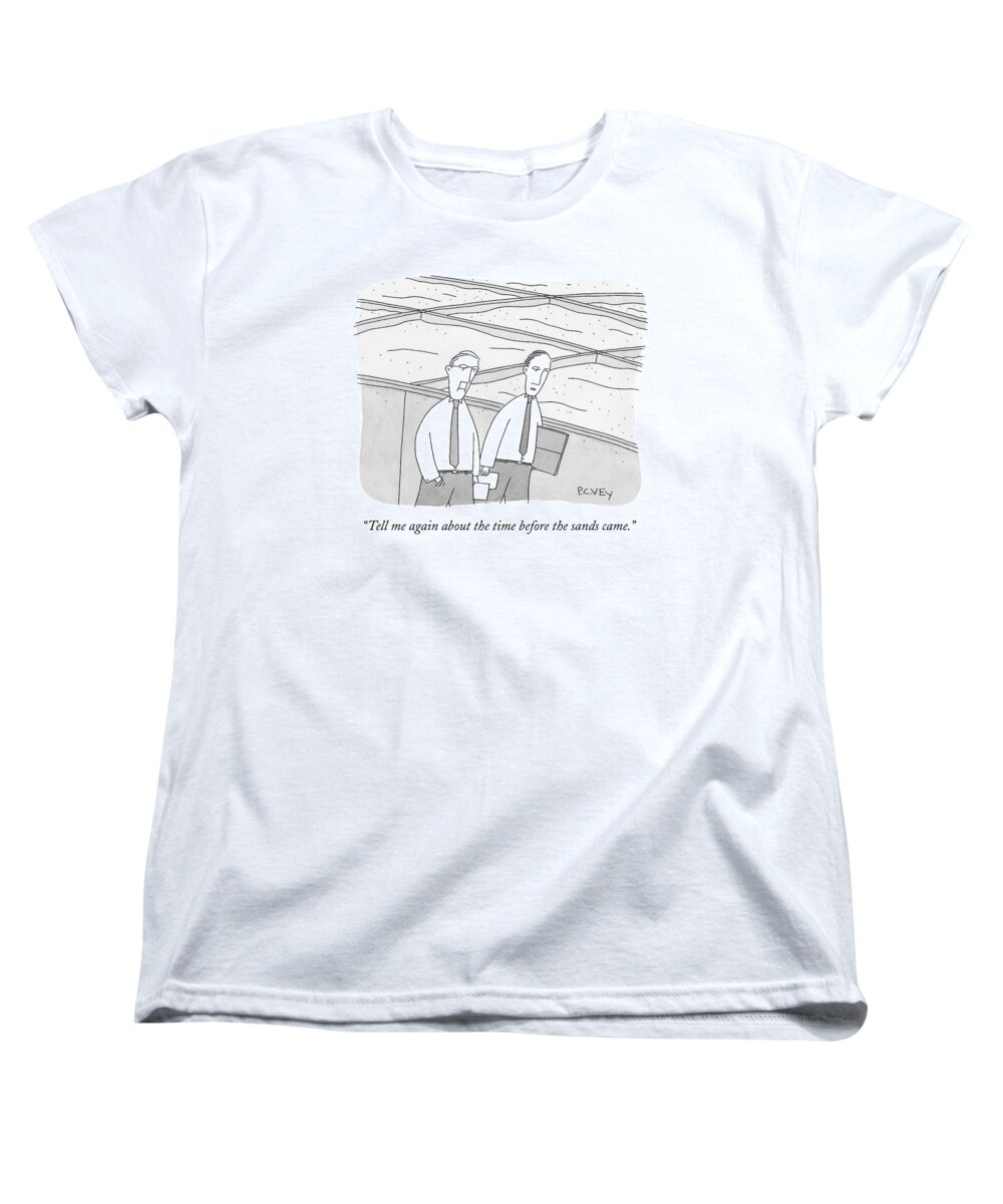 Sand Women's T-Shirt (Standard Fit) featuring the drawing A Young Office Employee Asks An Older Employee by Peter C. Vey