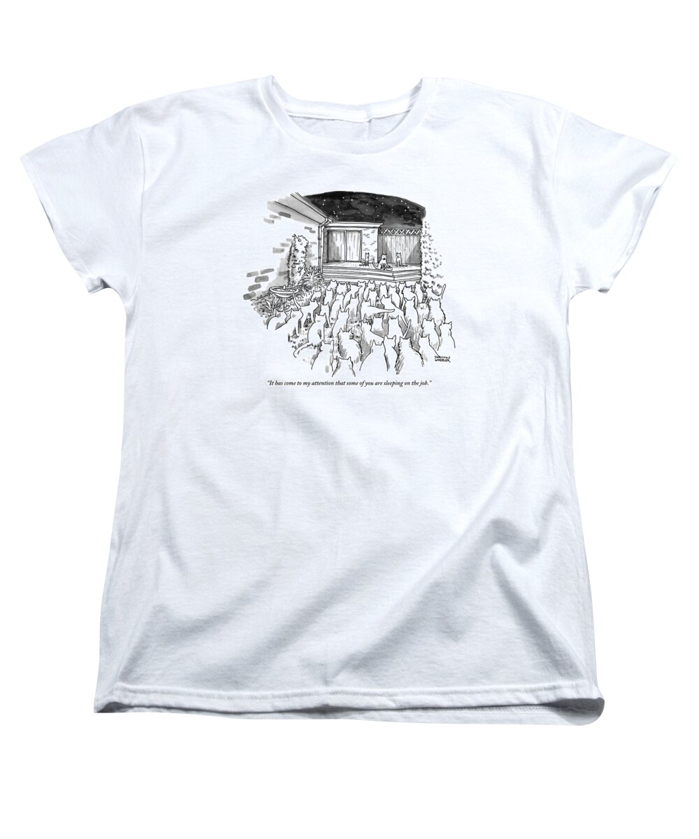 Cat Women's T-Shirt (Standard Fit) featuring the drawing An Assembly Of Cats In A Backyard Led By Three by Shannon Wheeler