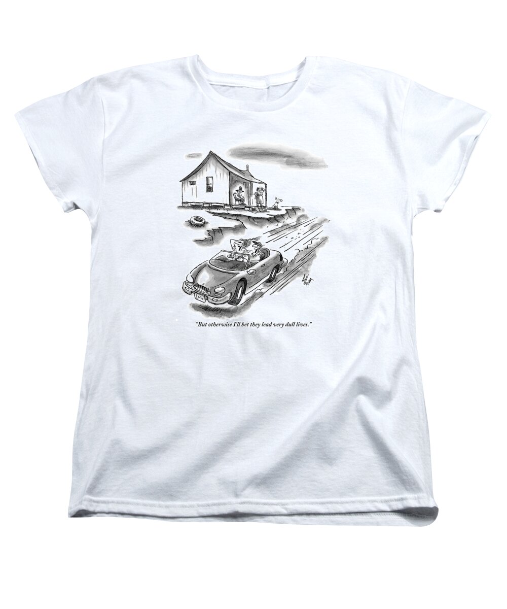 Dull Women's T-Shirt (Standard Fit) featuring the drawing An Old Married Couple Sitting On Their Porch by Frank Cotham