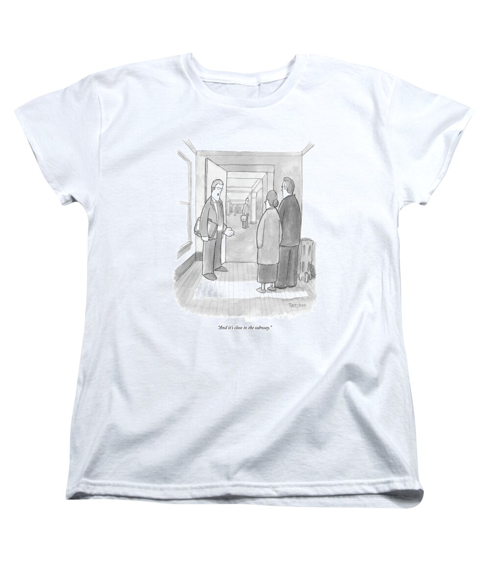 Architecture Interiors Regional New York City Subways 

(real Estate Agent Showing Apartment With Doorway Leading Directly On To The Subway Platform.) 120078 Jpt Jason Patterson Women's T-Shirt (Standard Fit) featuring the drawing And It's Close To The Subway by Jason Patterson