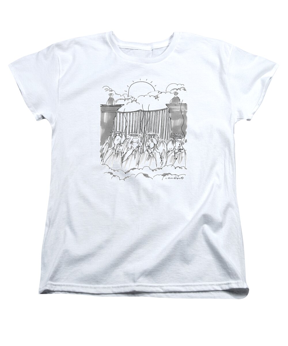 Heaven Women's T-Shirt (Standard Fit) featuring the drawing Angels Smoking Outside Of The Gates Of Heaven by Michael Crawford