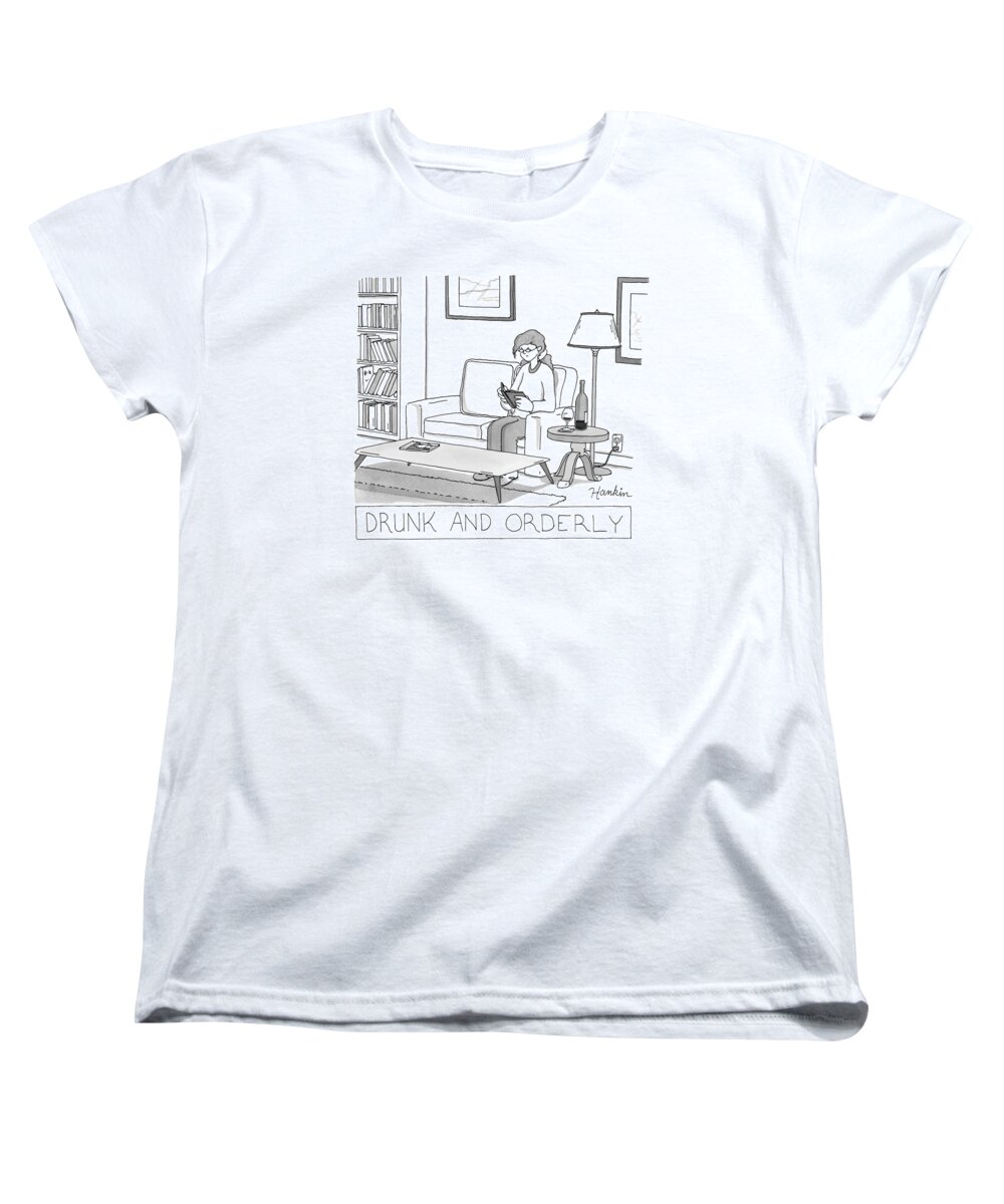 Captionless Women's T-Shirt (Standard Fit) featuring the drawing Drunk And Orderly -- A Woman Reads A Book by Charlie Hankin