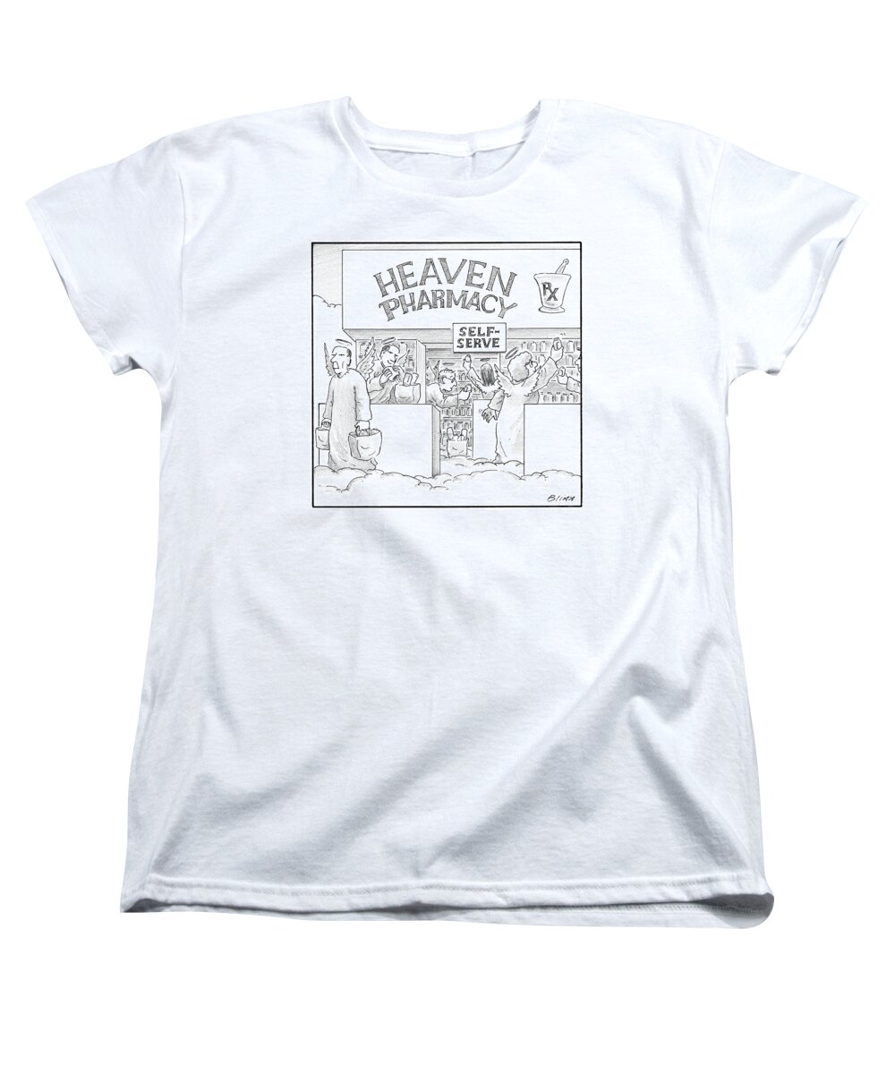 Angels Women's T-Shirt (Standard Fit) featuring the drawing Heaven Pharmacy Features Angels Loading by Harry Bliss