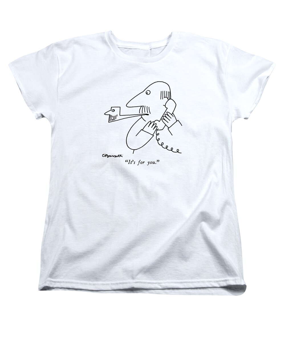 

 Man With A Telephone To Pipe In His Mouth Women's T-Shirt (Standard Fit) featuring the drawing It's For You by Charles Barsotti