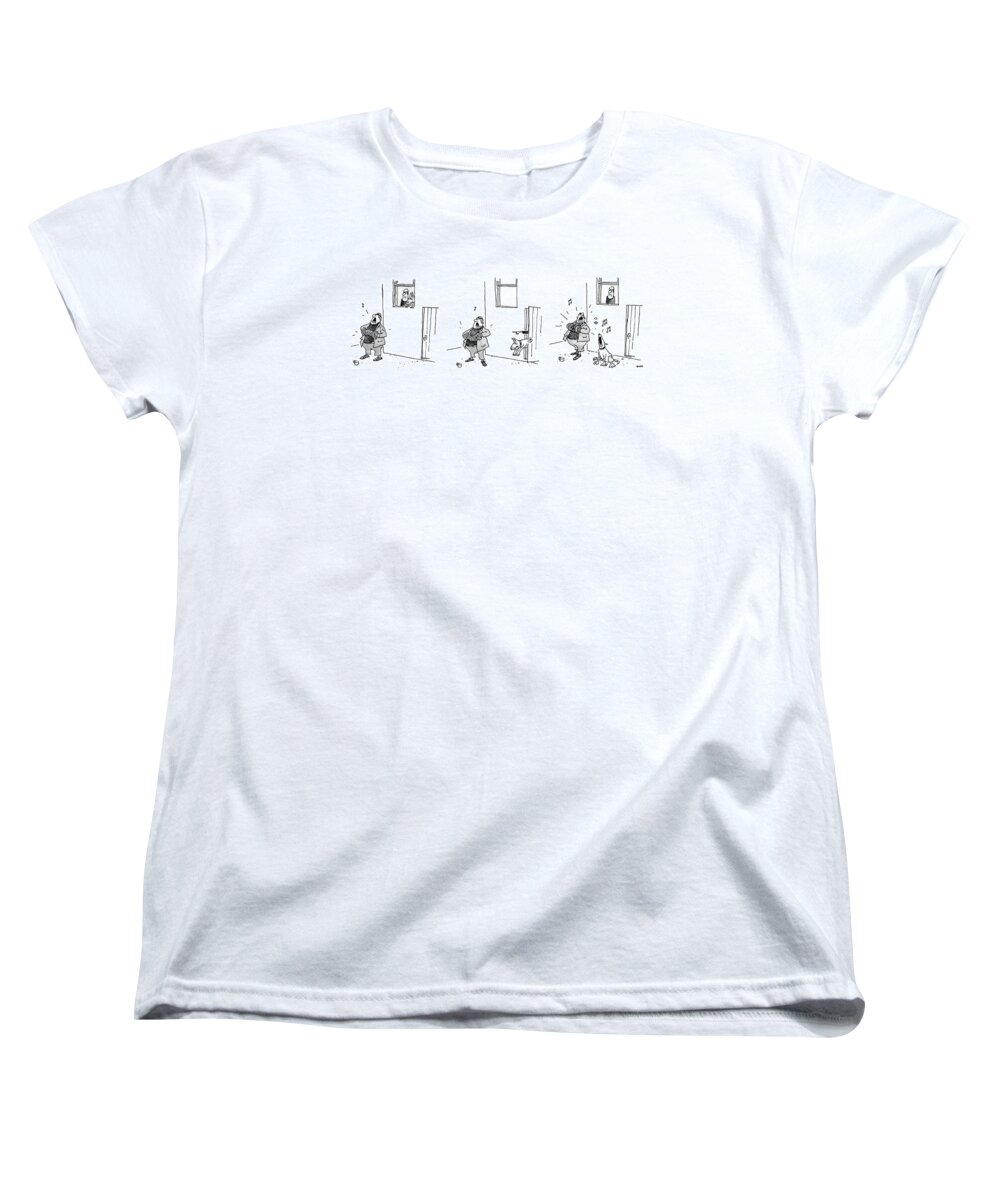 (3 Drawings. A Man Plays A Accordion Beneath A Window. The Man In Window Looks Annoyed And Puts Dog Out To Scare Him Away. The Dog Ends Up Howling Along With The Musician Instead.) Urban Women's T-Shirt (Standard Fit) featuring the drawing New Yorker August 31st, 1987 by George Booth