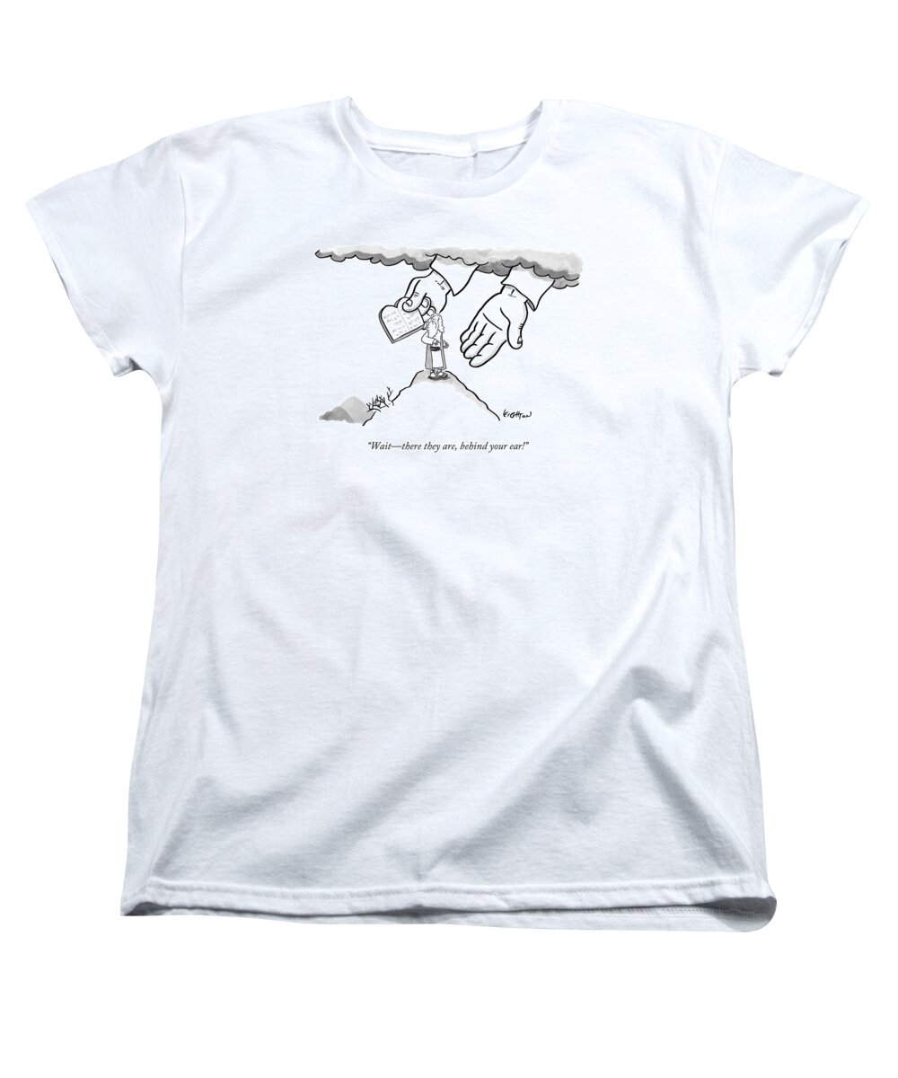 Moses Women's T-Shirt (Standard Fit) featuring the drawing The Giant Hands Of God Hold Up The Tablets by Robert Leighton