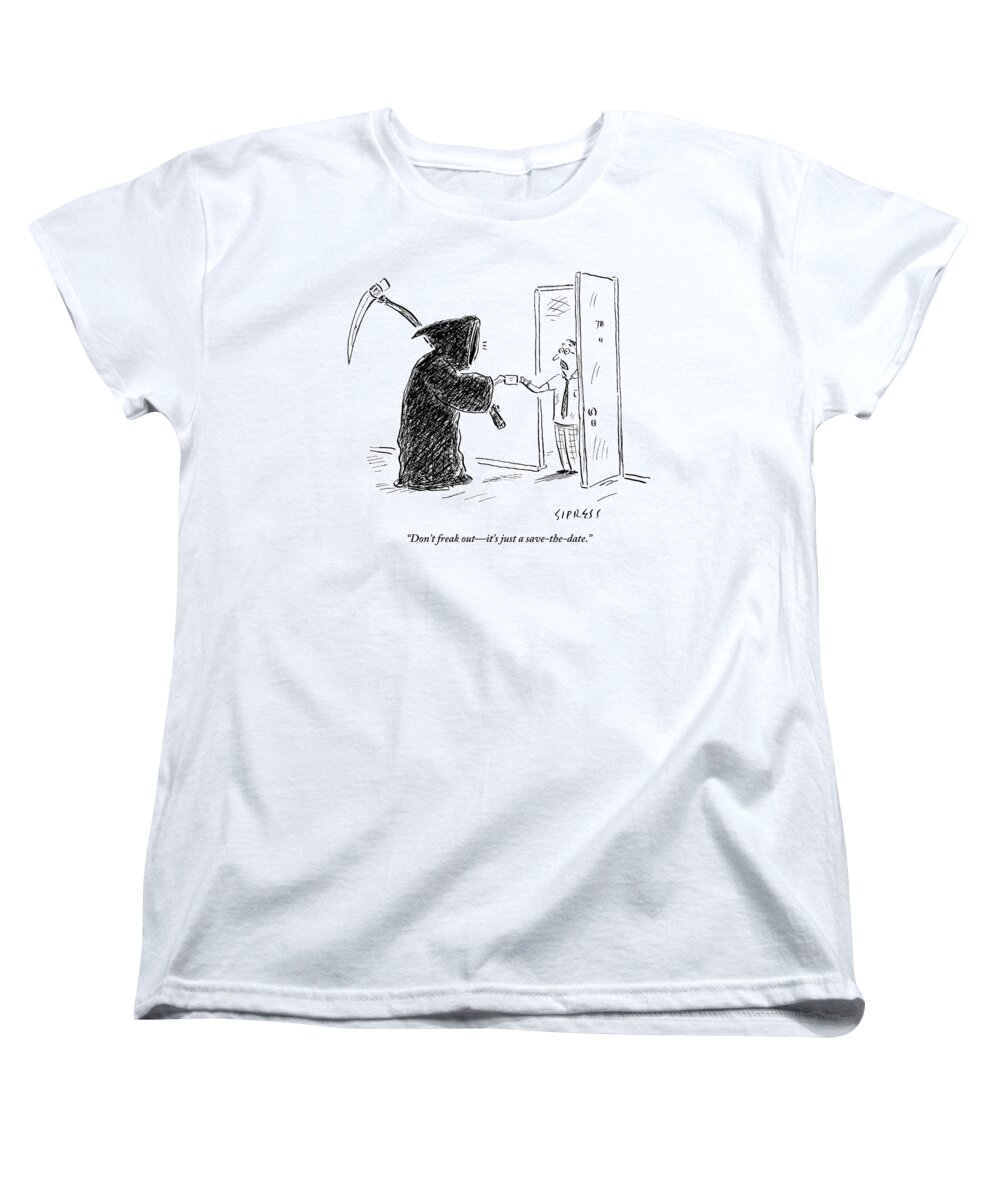 The Grim Reaper Is Seen Giving A Piece Of Paper To A Frightened Man.

Media Id 133471
 Women's T-Shirt (Standard Fit) featuring the drawing The Grim Reaper Is Seen Giving A Piece Of Paper by David Sipress