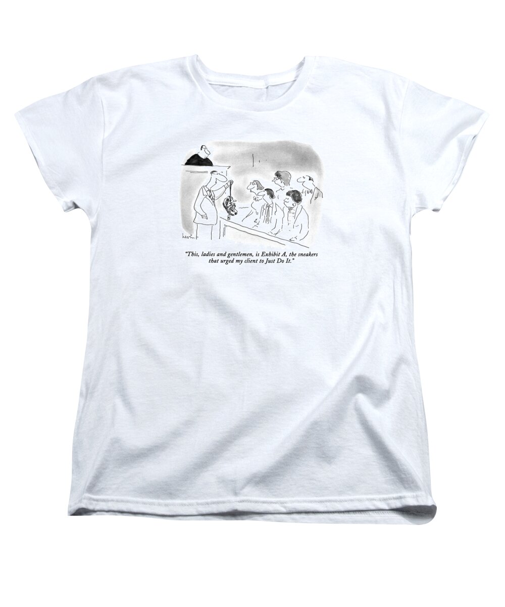 Consumerism Women's T-Shirt (Standard Fit) featuring the drawing This, Ladies And Gentlemen, Is Exhibit by Arnie Levin