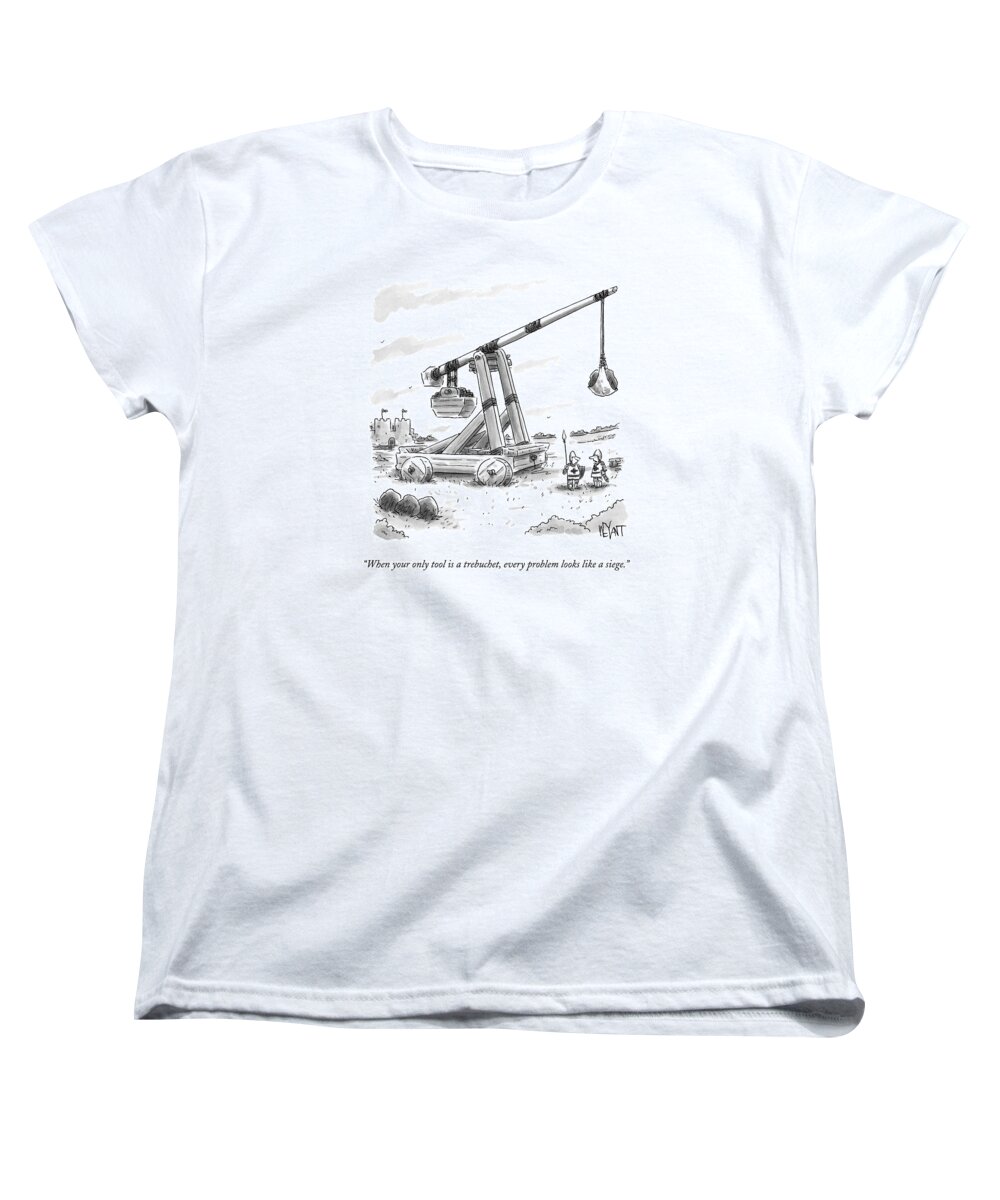 Trebuchet Women's T-Shirt (Standard Fit) featuring the drawing Two Medieval Soldiers Stand By Their Catapult by Christopher Weyant