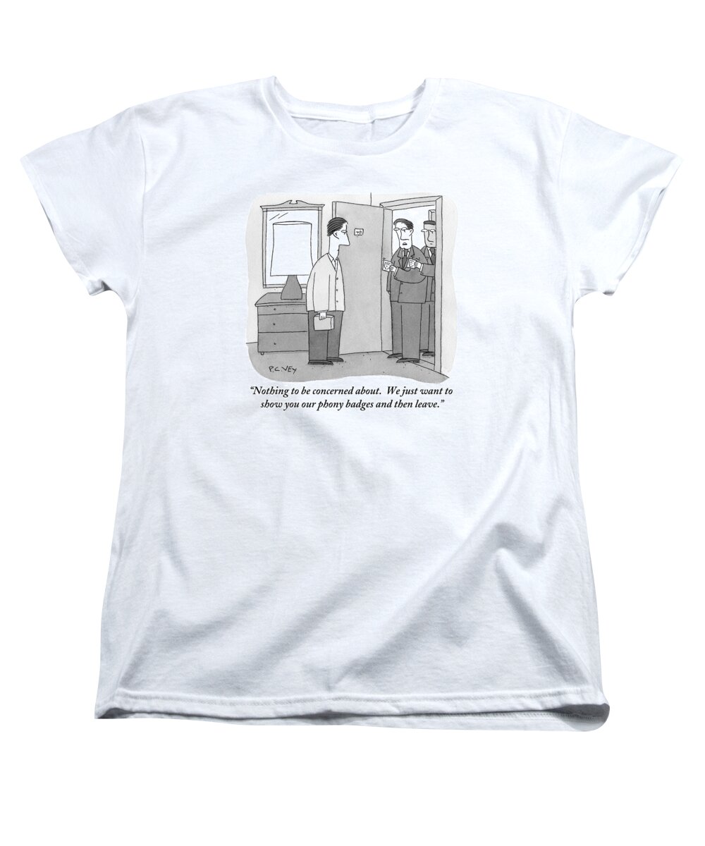 Police Women's T-Shirt (Standard Fit) featuring the drawing Two Official-looking Men Waving Allegedly Fake by Peter C. Vey