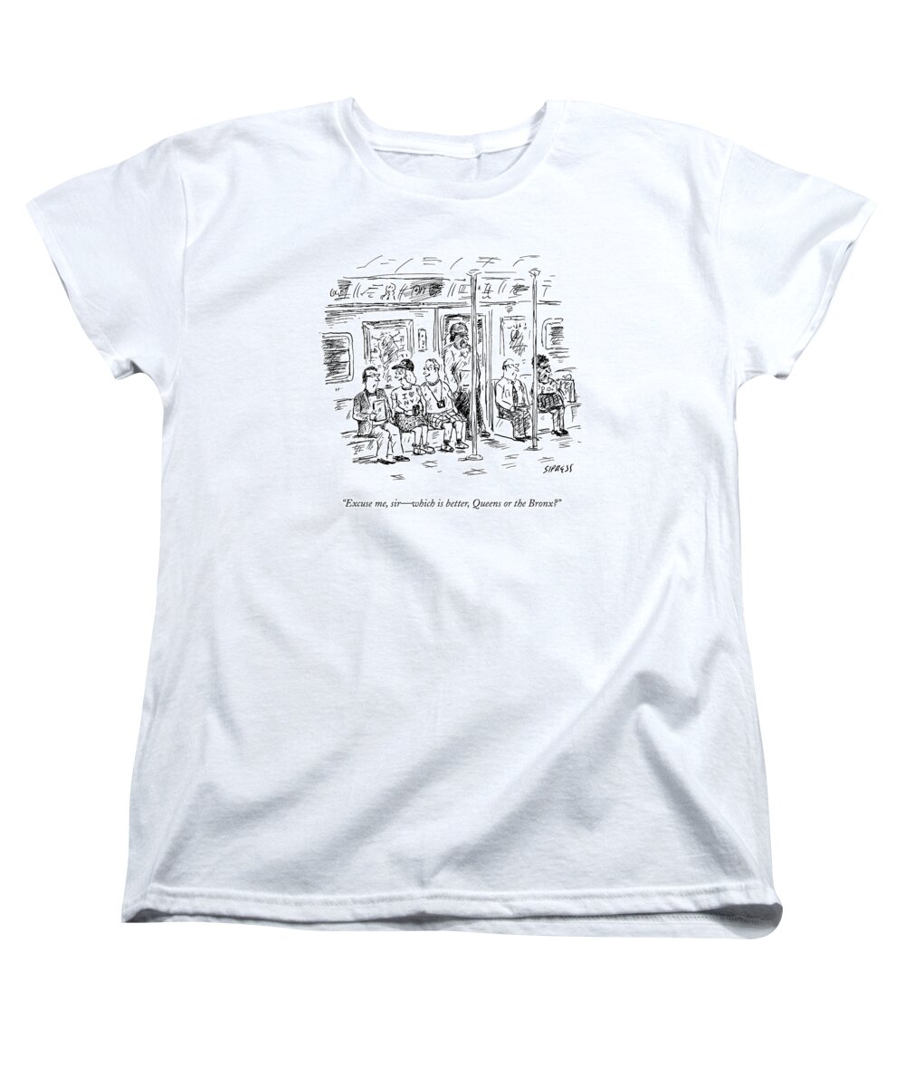 Tourists Women's T-Shirt (Standard Fit) featuring the drawing Two Tourists On The Subway Ask A New Yorker by David Sipress
