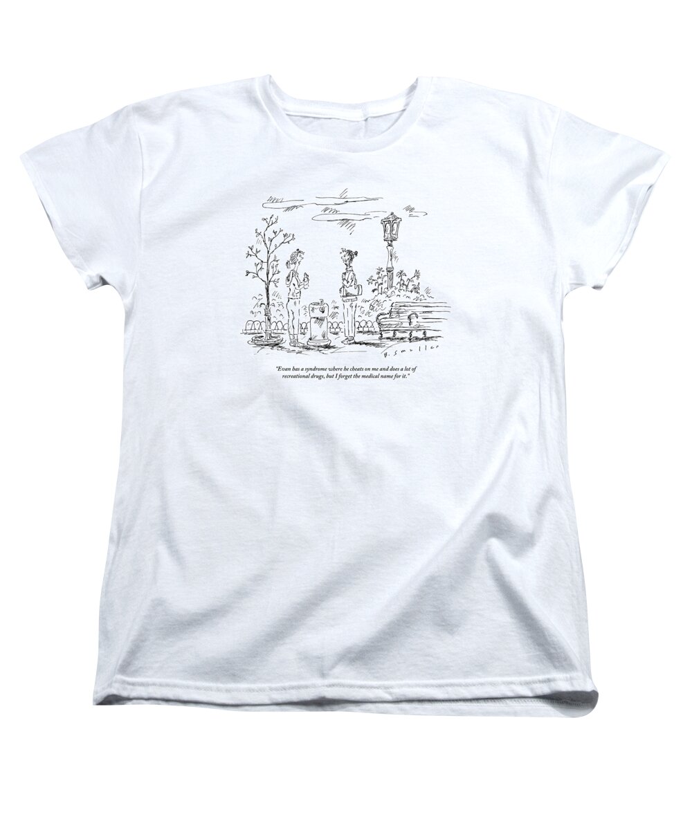 
Syndrome Women's T-Shirt (Standard Fit) featuring the drawing Two Women In Exercise Gear Talk By A Water by Barbara Smaller