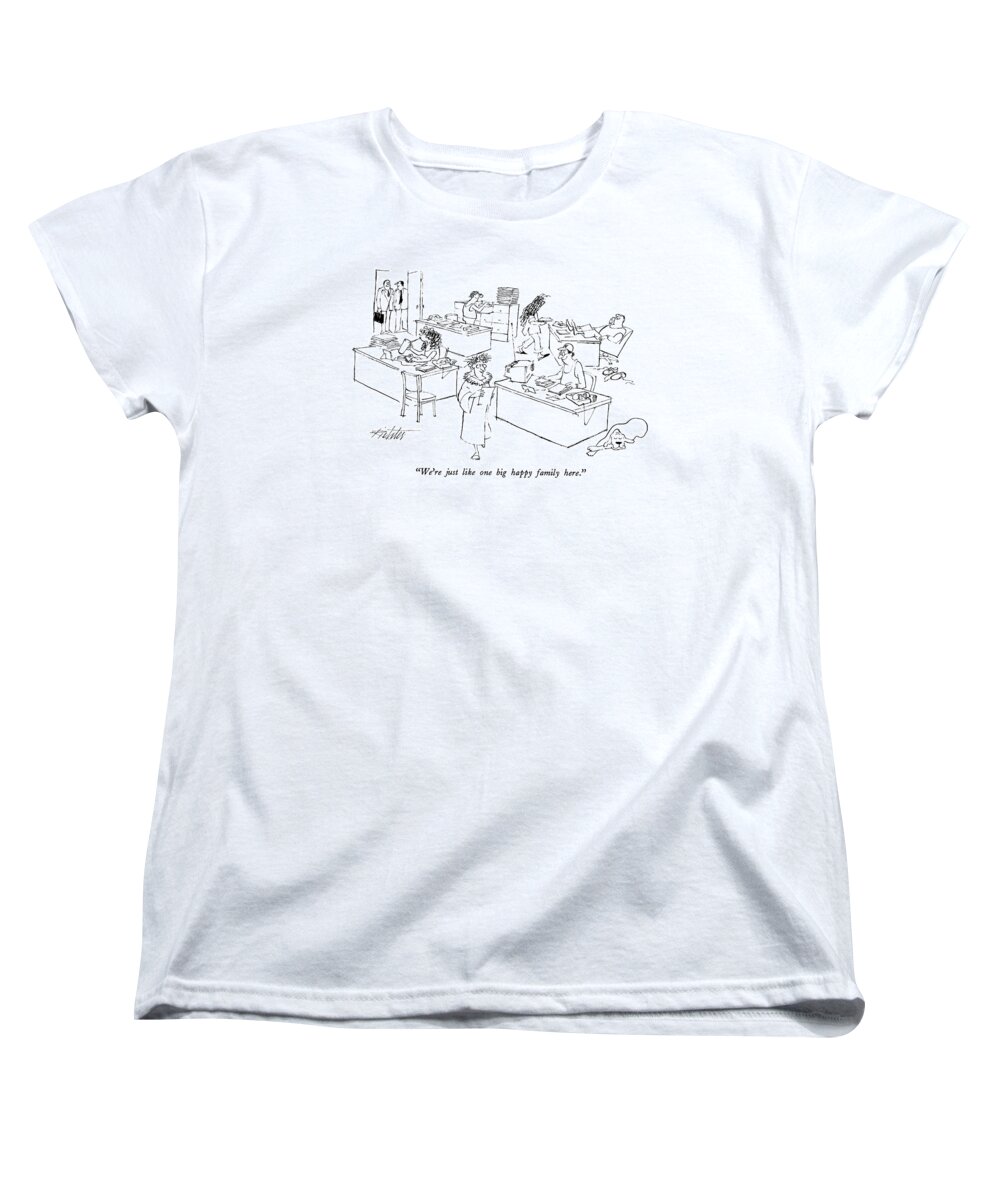 
 Executive At Door Of Office Explains To Another Executive Women's T-Shirt (Standard Fit) featuring the drawing We're Just Like One Big Happy Family Here by Mischa Richter