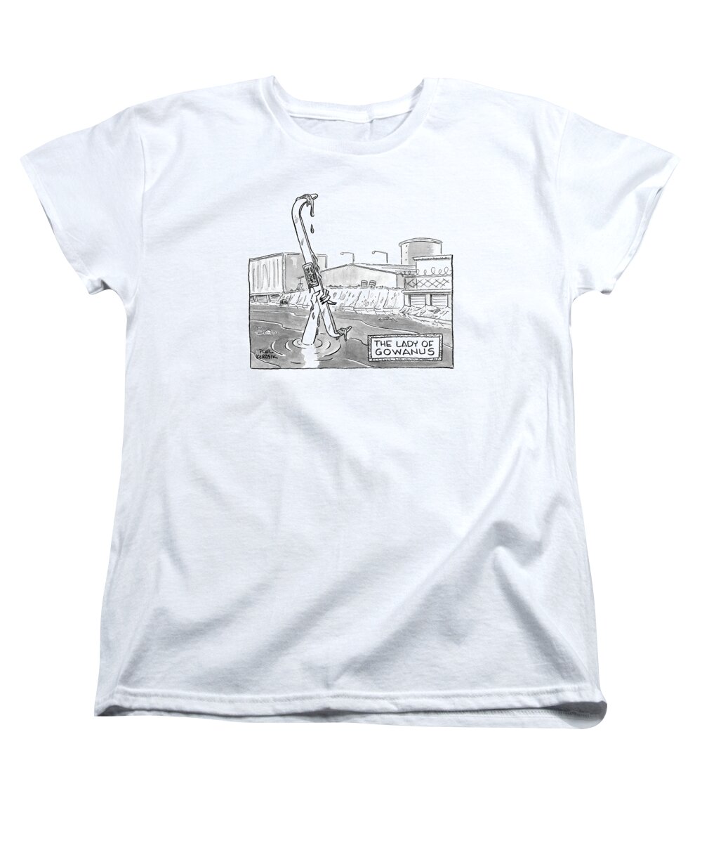 Captionless Women's T-Shirt (Standard Fit) featuring the drawing The Lady of Gowanus by Paul Karasik