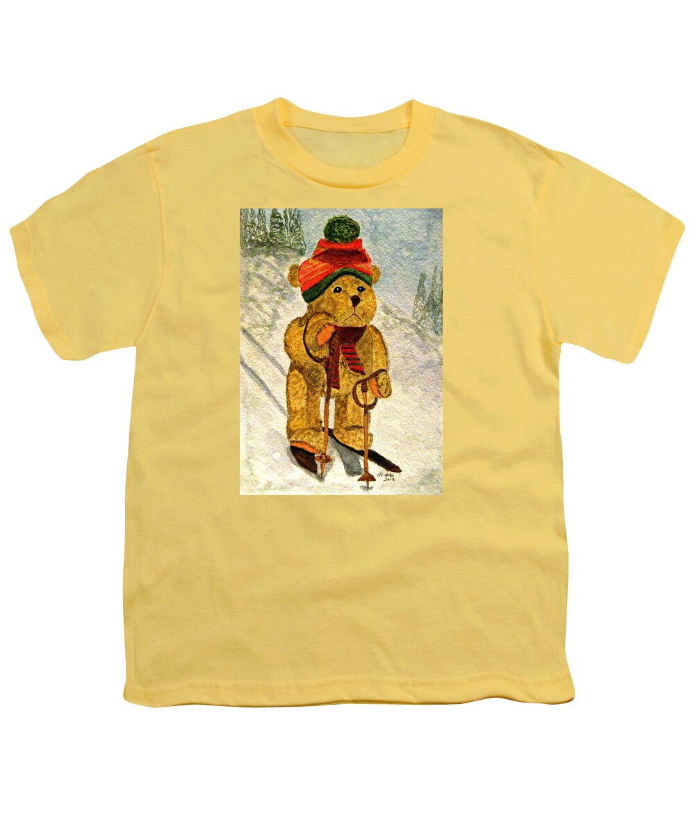 Bears Youth T-Shirt featuring the painting Learning To Ski by Angela Davies