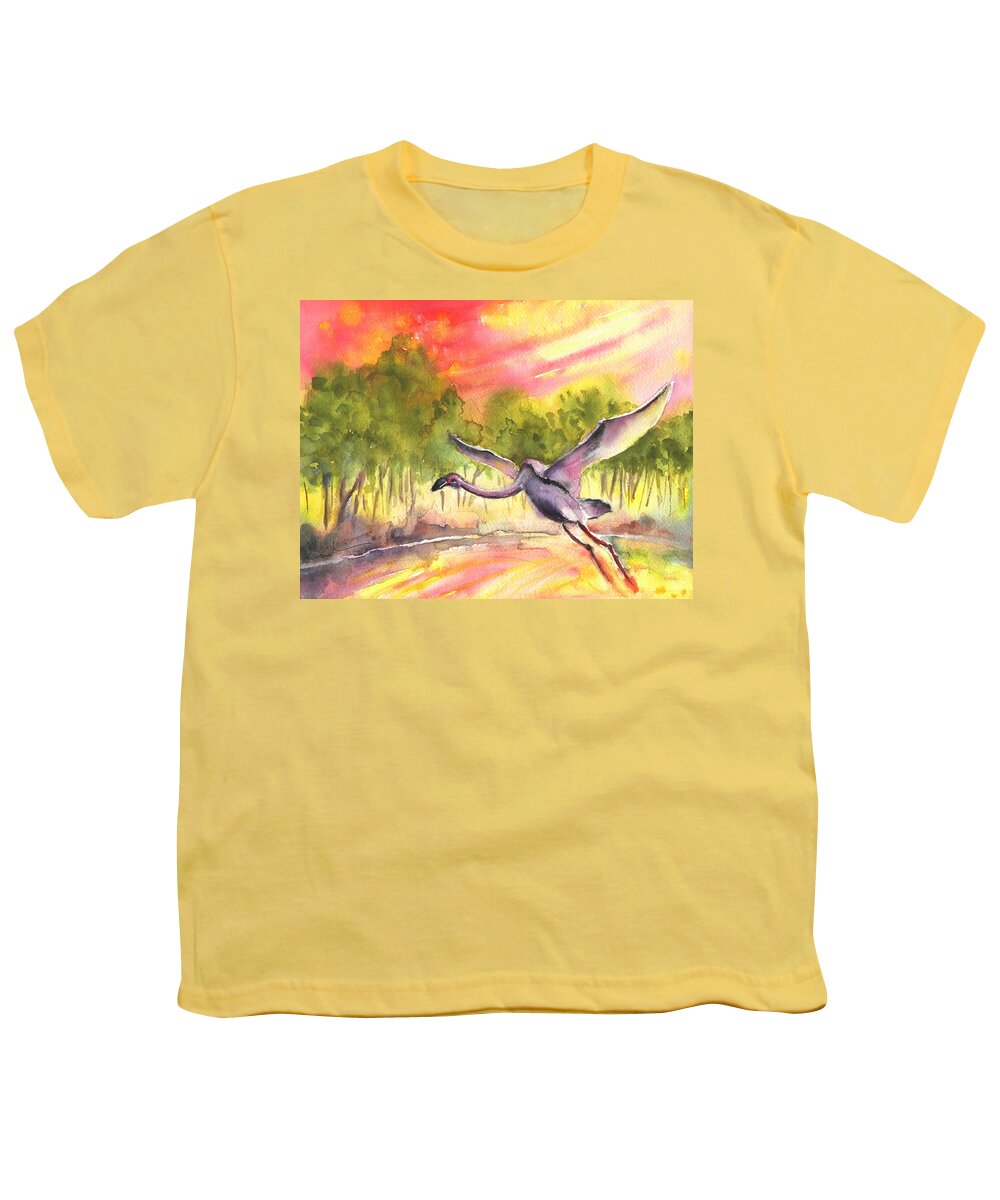 Travel Youth T-Shirt featuring the painting Flamingo in Alcazar de San Juan by Miki De Goodaboom