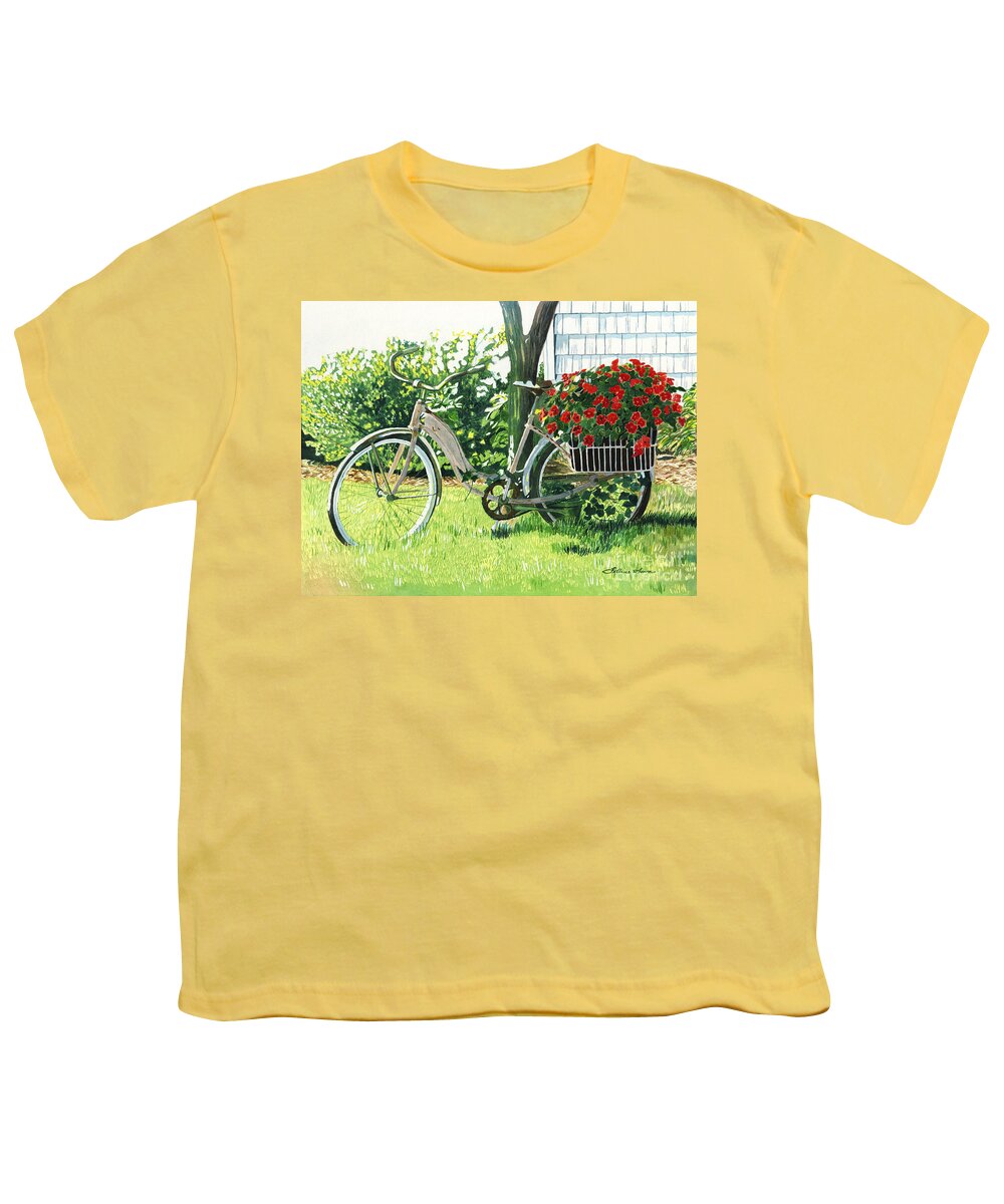 Bicycle Youth T-Shirt featuring the painting Impatiens to Ride by LeAnne Sowa