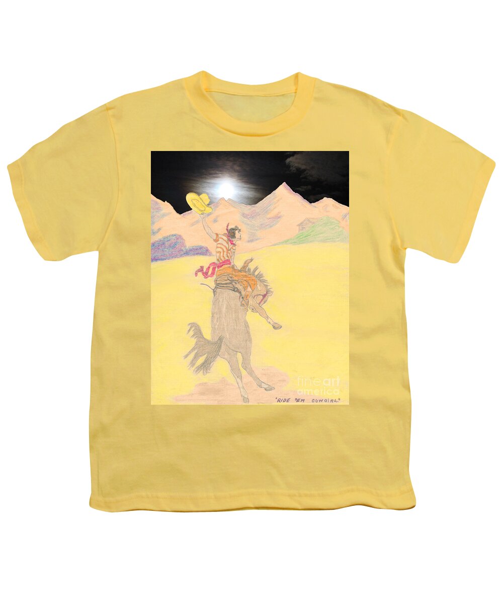Portrait Youth T-Shirt featuring the drawing Ride 'Em Cowgirl by Donna L Munro