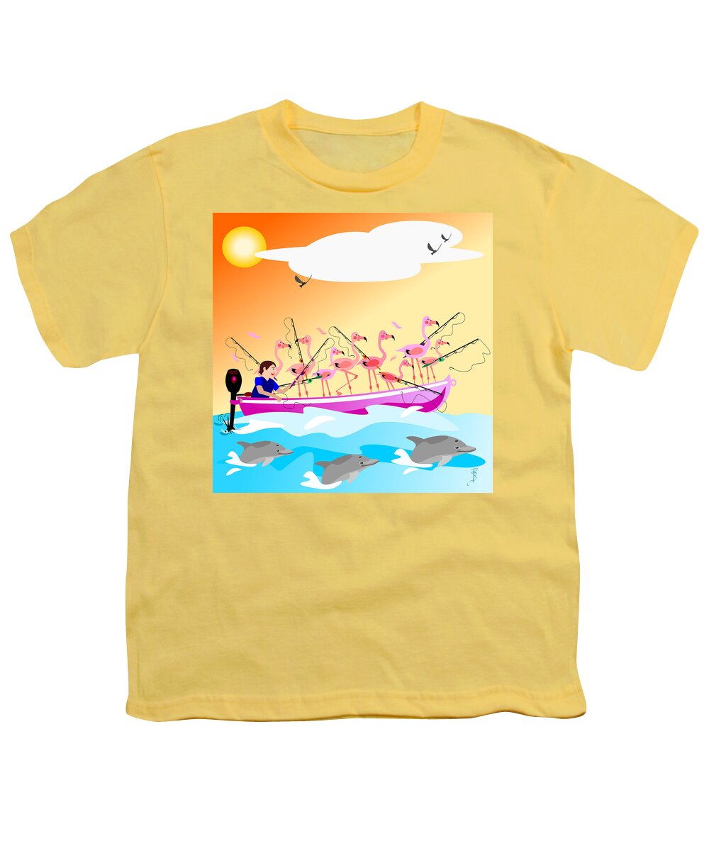 Flamingo Youth T-Shirt featuring the digital art Flamingo fishing by Debra Baldwin