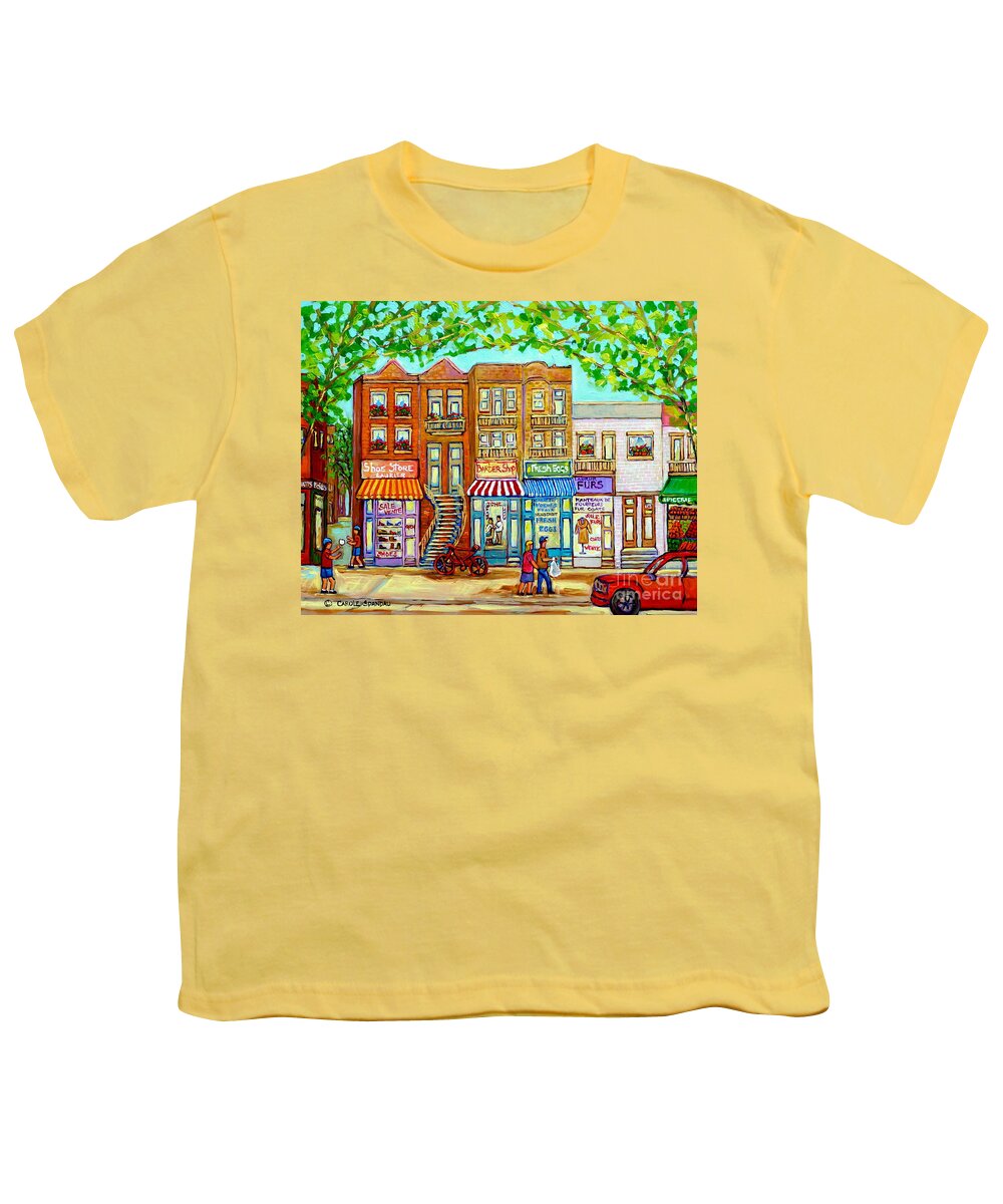 Montreal Youth T-Shirt featuring the painting Laurier Street Circa 1960 Montreal Memories Vintage Store Fronts Apartments Family Life Canadian Art by Carole Spandau