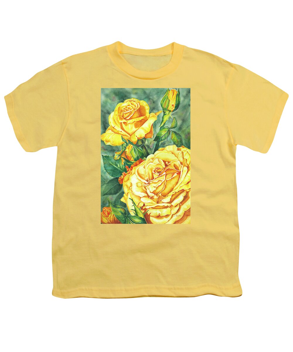 Yellow Rose Watercolor Youth T-Shirt featuring the painting Mom's Golden Glory by Lori Taylor
