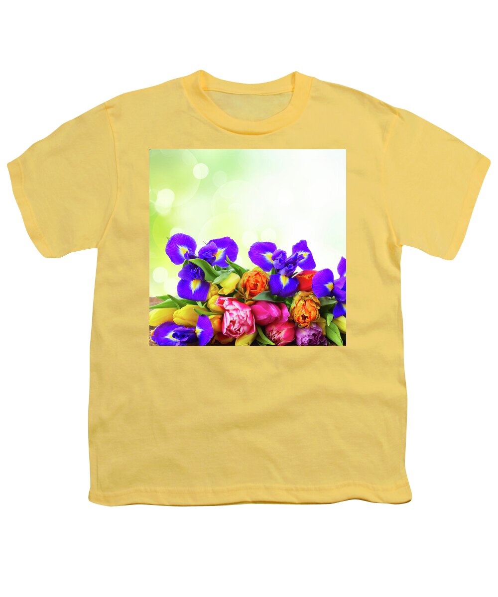 Easter Youth T-Shirt featuring the photograph Spring Tulips and Irises by Anastasy Yarmolovich
