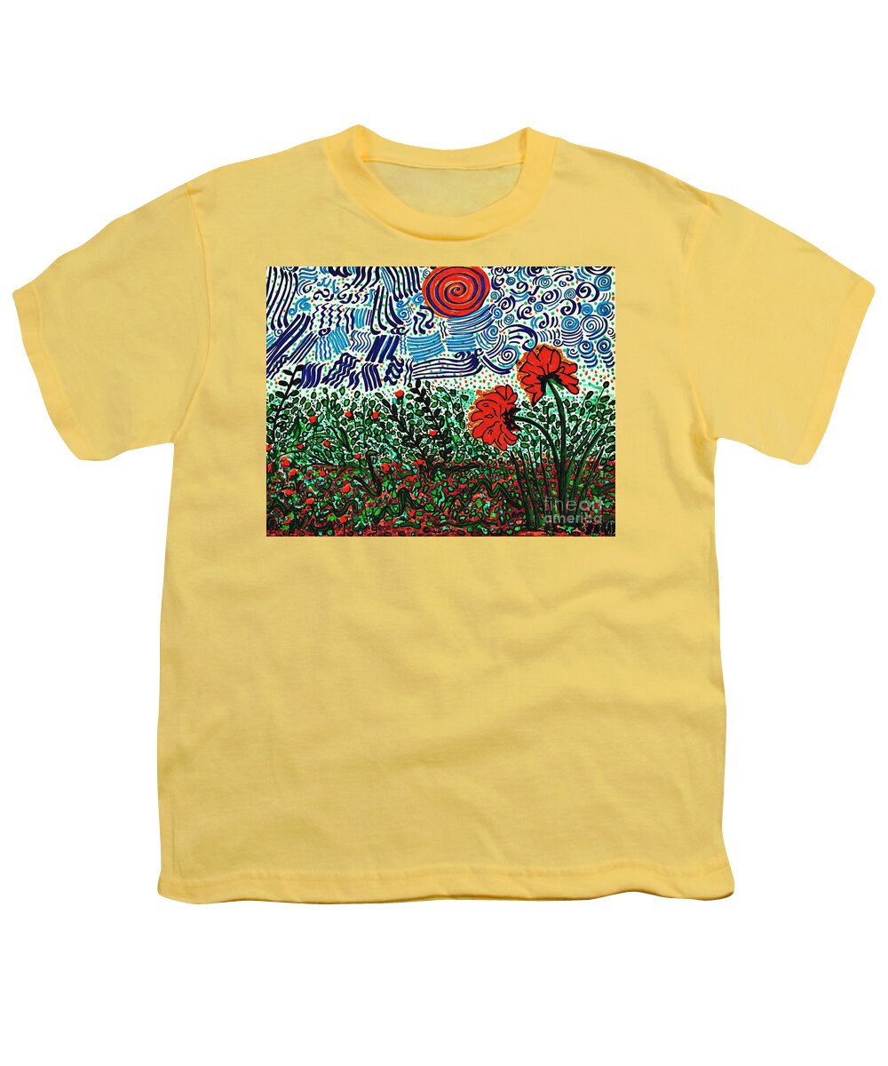 Flower Youth T-Shirt featuring the drawing Wild Flowers Under Wild Sky With Floral Texture  by Sarah Loft