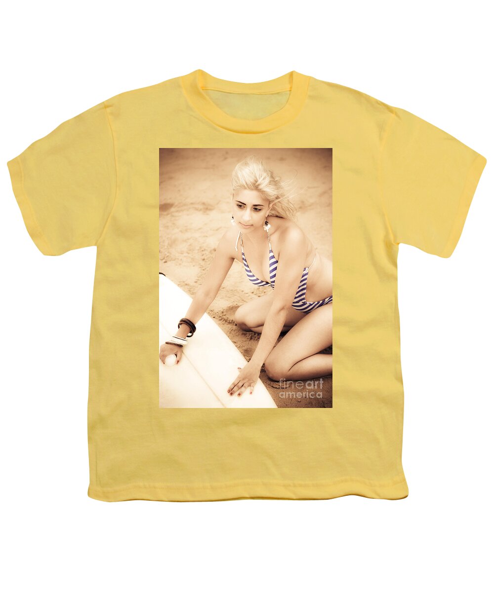 Surf Youth T-Shirt featuring the photograph Woman Waxing Surfboard by Jorgo Photography