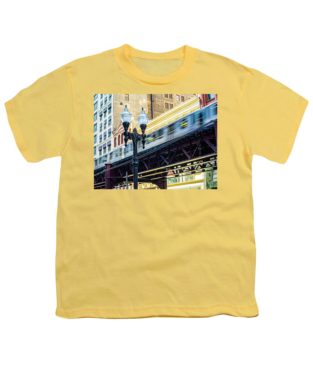 L Train Loop Chicago Subway Long Exposure Youth T-Shirt featuring the photograph L Train in the Loop - Chicago #1 by David Morehead