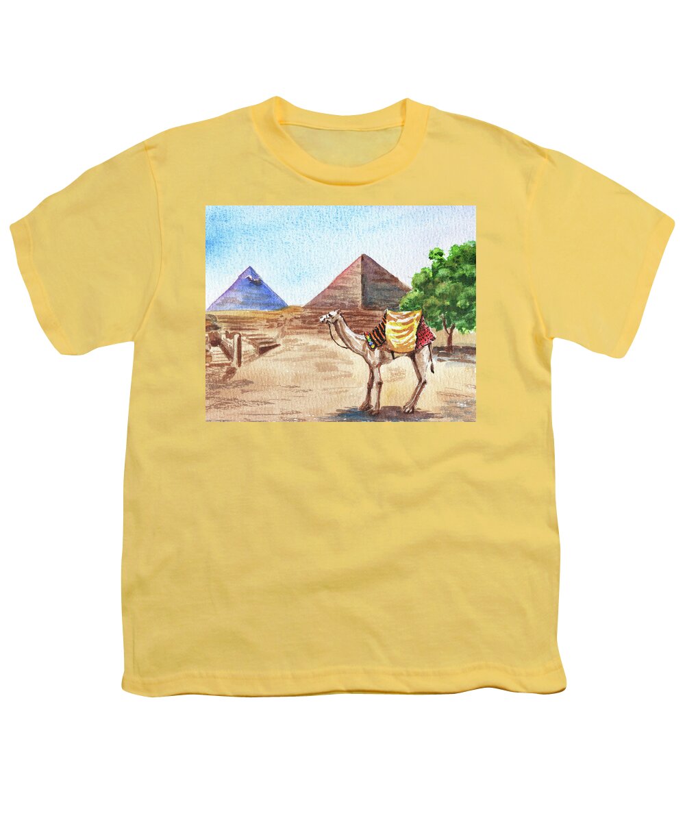 Pyramid Youth T-Shirt featuring the painting Camel At Giza Pyramids Egypt Watercolor by Irina Sztukowski