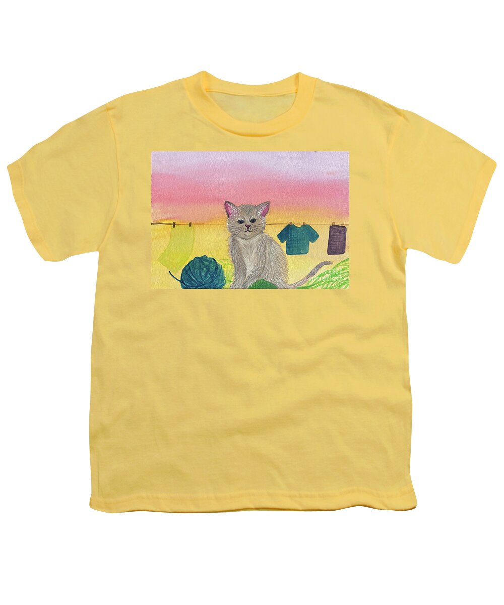 Cat Youth T-Shirt featuring the mixed media Cat and Yarn by Lisa Neuman