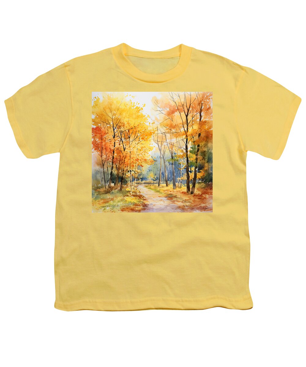 Autumn Watercolor Painting Youth T-Shirt featuring the digital art Falling Leaves - Autumn Falling Leaves Art by Lourry Legarde