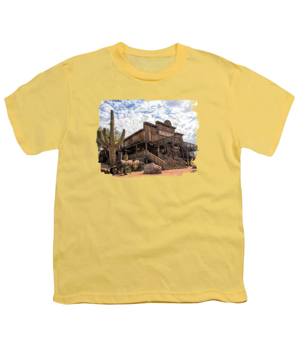 Ghost Town Youth T-Shirt featuring the photograph Goldfield Saloon and Saguaro by Elisabeth Lucas