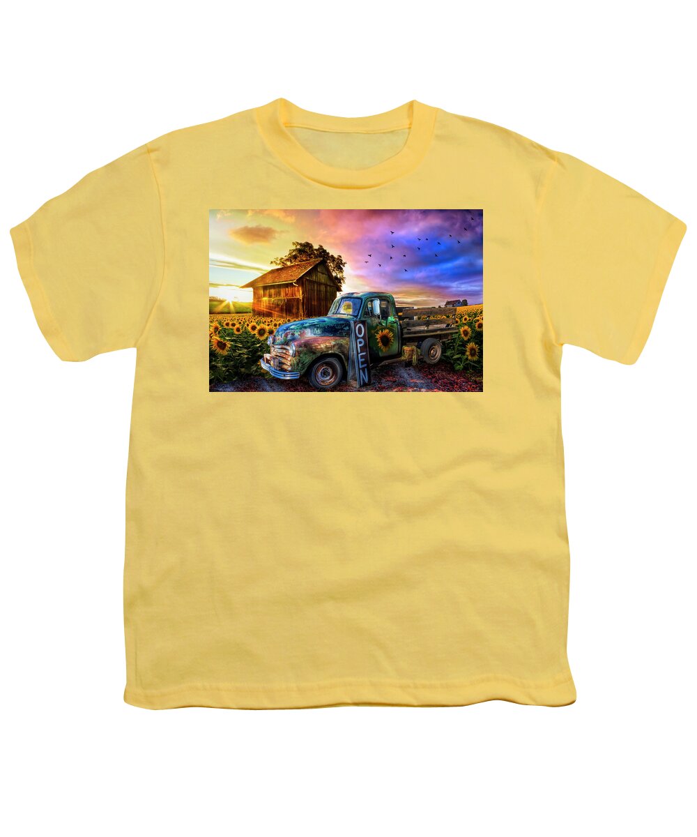 American Youth T-Shirt featuring the photograph Old Truck at the Sunflower Farm by Debra and Dave Vanderlaan