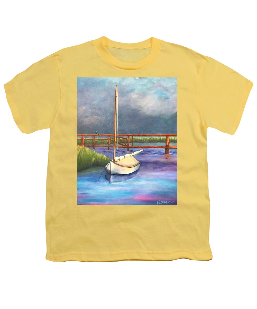 Nautical Youth T-Shirt featuring the painting Passing Storm at the Mooring by Deborah Naves