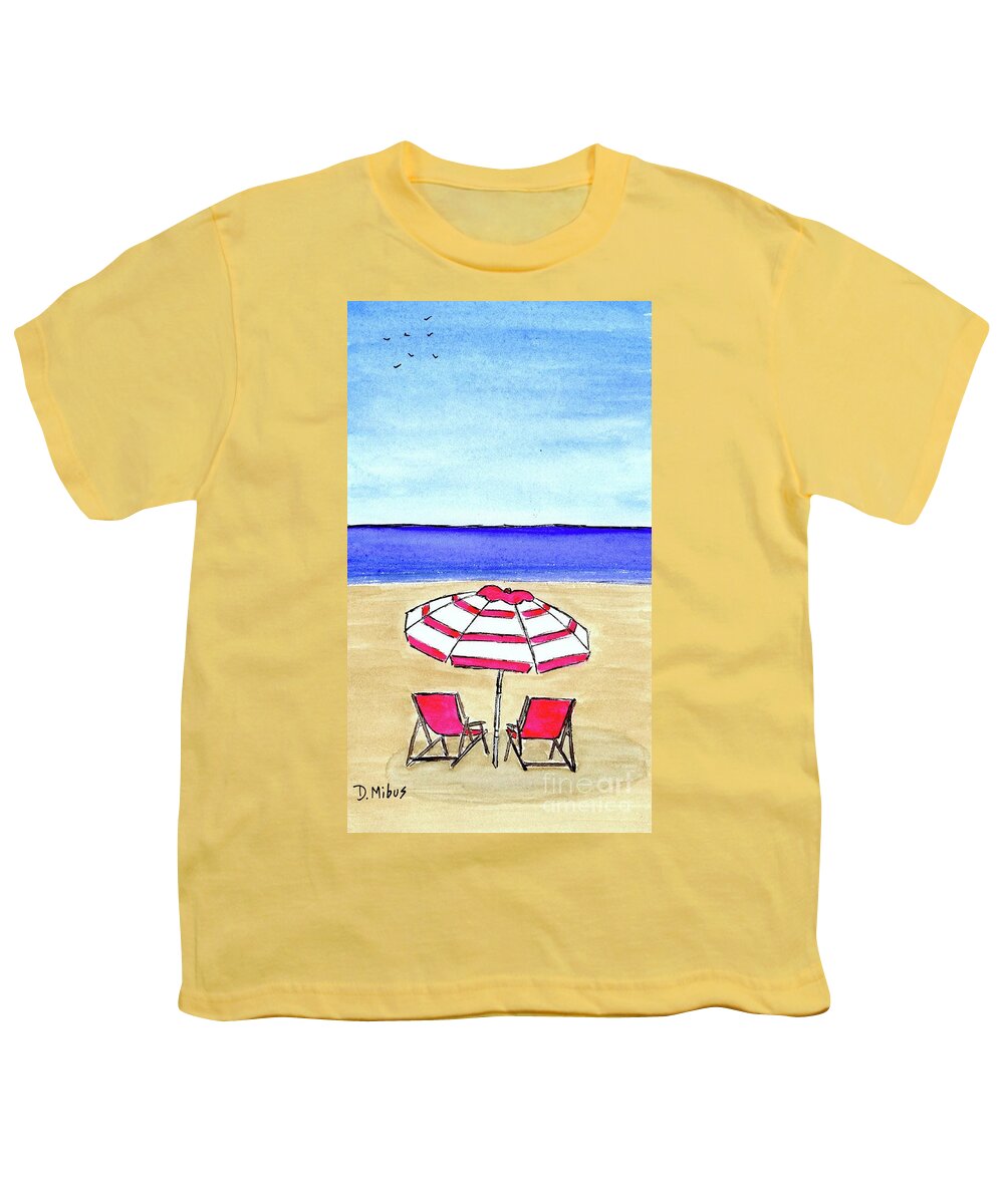 Beach Youth T-Shirt featuring the painting Pink Striped Beach Umbrella by Donna Mibus
