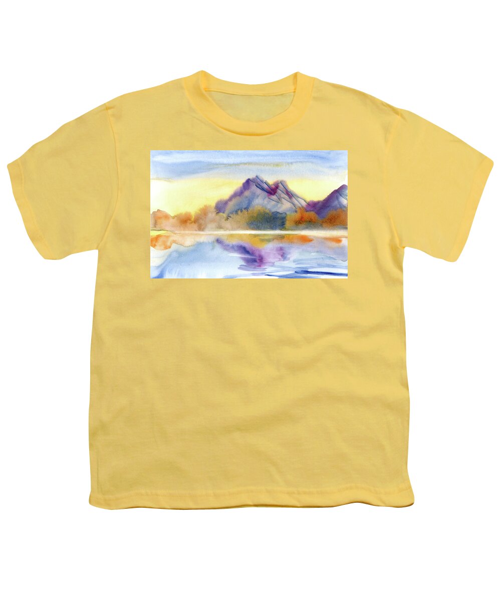 Watercolor Youth T-Shirt featuring the digital art Watercolor Sunrise Mountain Scenery View Painting by Sambel Pedes