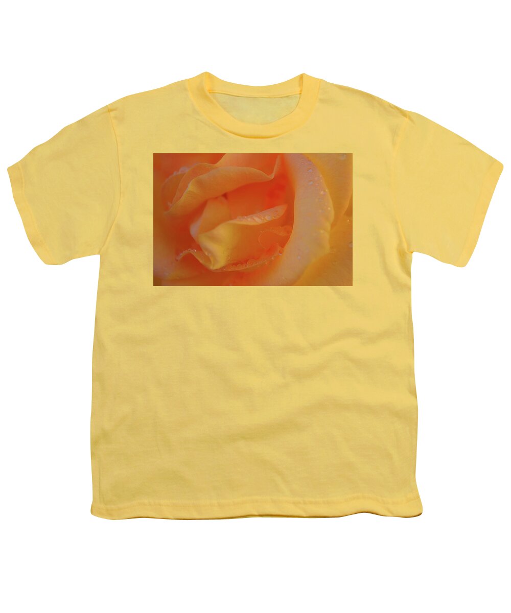 Rose Youth T-Shirt featuring the photograph Wet Gold Peach Rose Petals Close Up by Gaby Ethington
